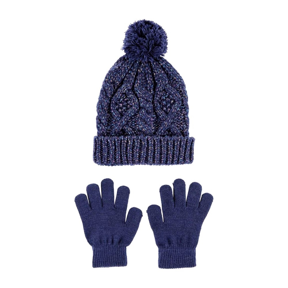 Carter’s 2-Piece Set Cable Knit Hat & Gloves Metallic Navy Blue Size 4-7yrs NWT